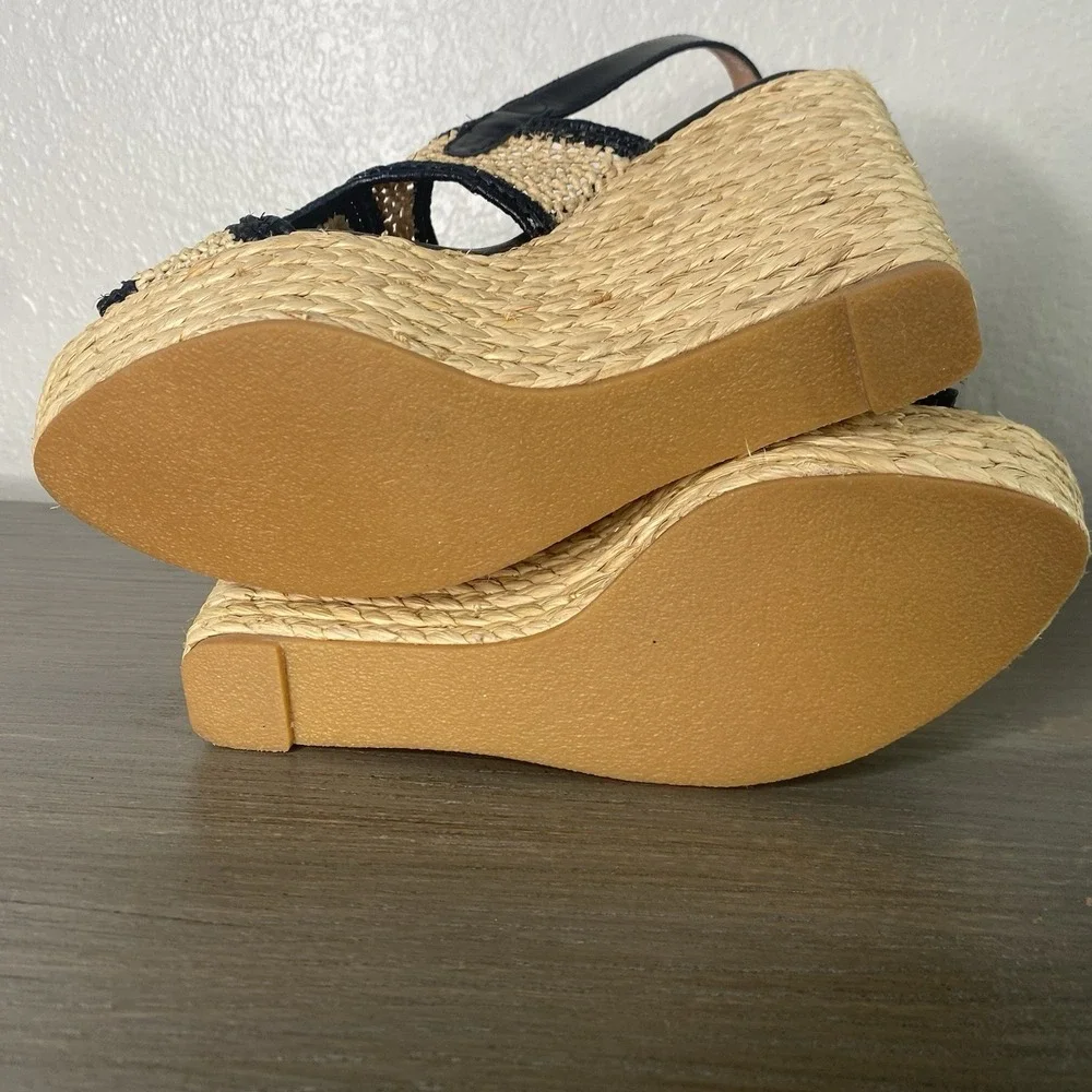 NWOT Robert Clergerie Woven Raffia‎ Wedge Sandal in Natural/Black Sz 8 $550